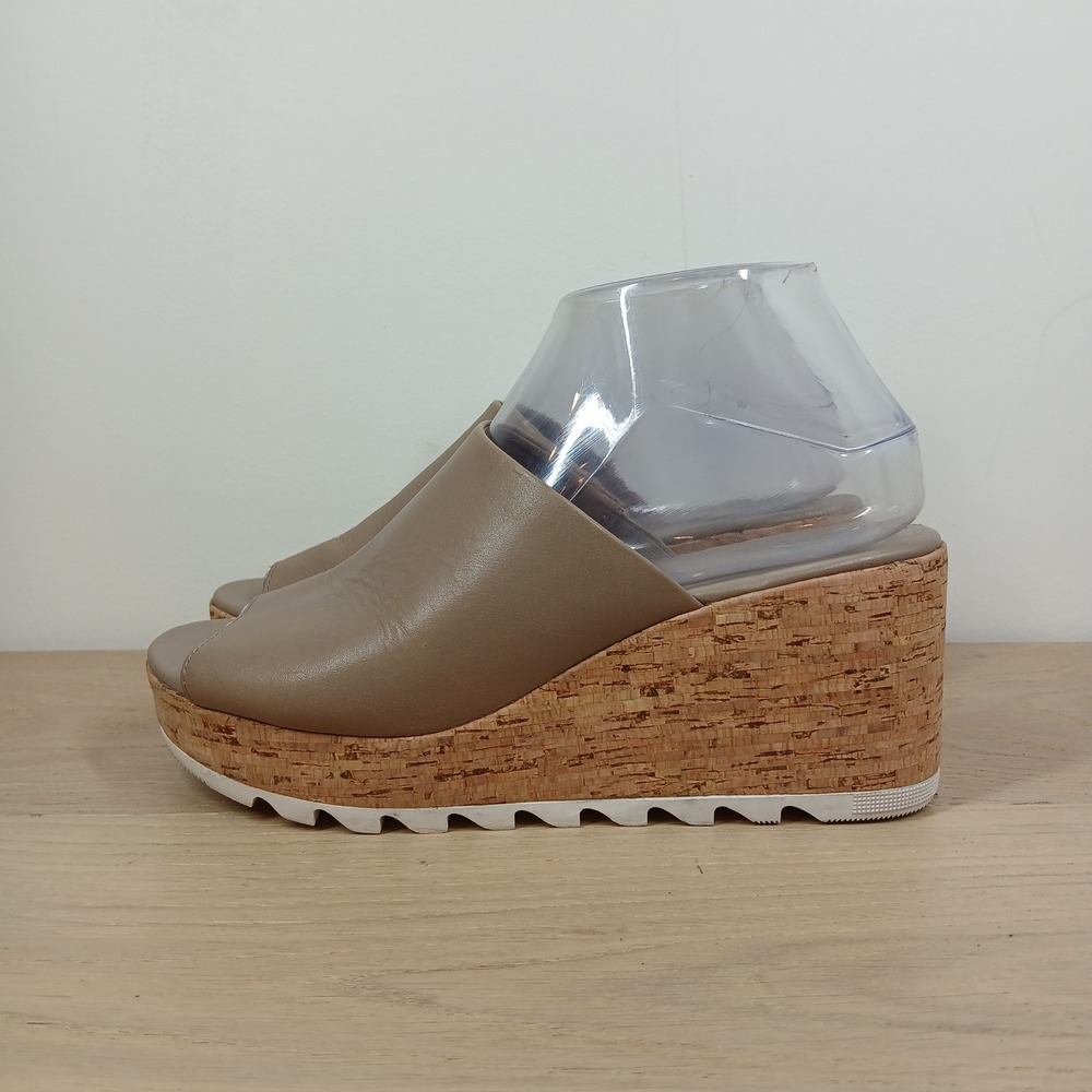 Sorel Joanie II Slide Sandals Women's 8 Taupe Leather Cork Wedge Platform - Picture 2 of 12